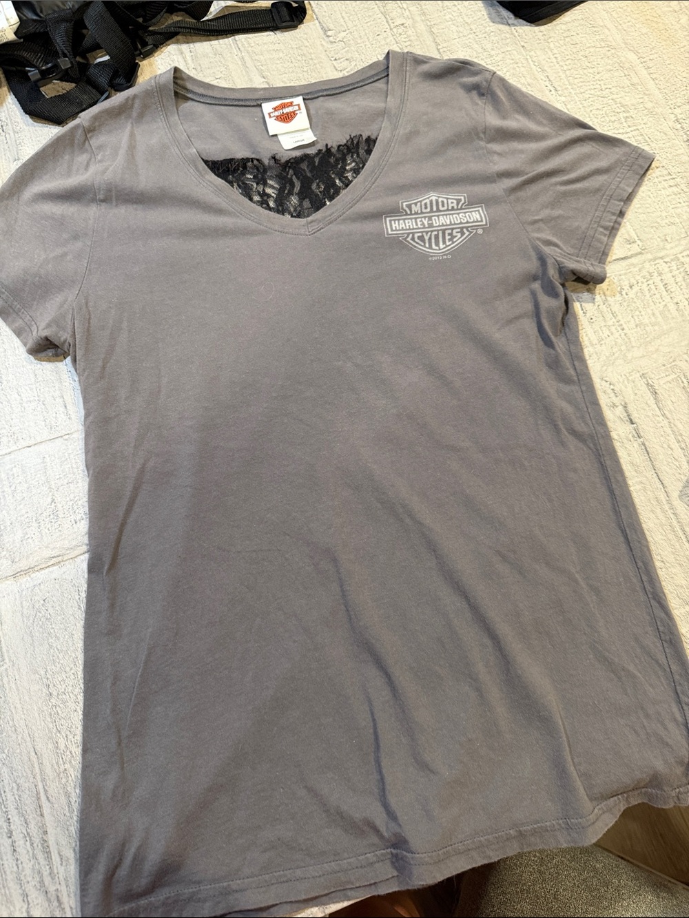 Harley-Davidson Women's Gray V-Neck Tee with Black Lace Inset